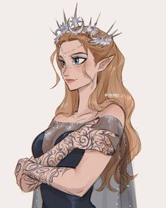 a drawing of a woman with long hair wearing a tiara and holding her arms crossed