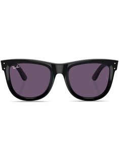 black acetate matte finish silver-tone logo lettering purple tinted lenses square frame straight arms curved tips These glasses come with a protective case. Ray Ban Wayfarer, Versace Outfit, Balenciaga Triple S, Fine Watches, Custom Watch, Nike Air Max 97, Derby Shoes, Square Frame, Espadrille Shoes