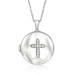 Ross-Simons - .10ct t. w. Diamond Cross Locket Necklace in Silver. 18". Sparked with .10 ct. t. w. round diamonds arranged in a classic cross, our stylish circle locket gleams in polished sterling silver and opens to reveal an 11/16" photo inside. Suspends from a rope chain with a 2" extender. Springring clasp, diamond cross locket necklace. Diamond birthstones are the perfect gift for April birthdays. Diamond Round Locket Necklace, White Gold Pave Setting Medallion Jewelry, White Gold Medallion Jewelry With Pave Setting, White Gold Medallion With Pave Setting, Silver Cross Jewelry With Single Cut Diamonds, Cubic Zirconia Medallion Jewelry With Diamond Accents, Medallion Jewelry With Diamond Accents In Cubic Zirconia, White Gold Medallion With Brilliant Cut, Brilliant Cut Medallion Jewelry For Anniversary