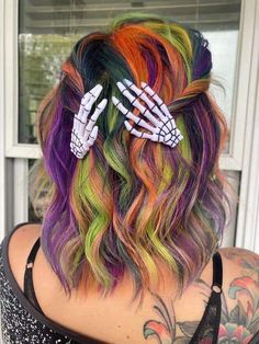 Halloween Vivid Hair Color, Hair Color Ideas Colorful Half And Half, Halloween Peekaboo Hair, Multi Color Hair Dye Techniques Diy, Short Halloween Hair, Black And Vivid Hair Color, Halloween Inspired Hair Color, Halloween Colored Hair, Spooky Hair Color Short Hair