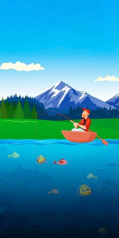 a man in a red boat fishing on the lake with mountains in the background and fish