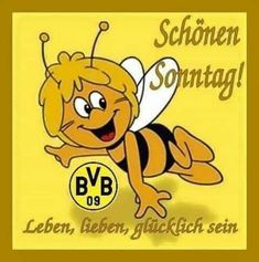 a cartoon bee flying through the air next to a yellow sign that says, schonen sontag