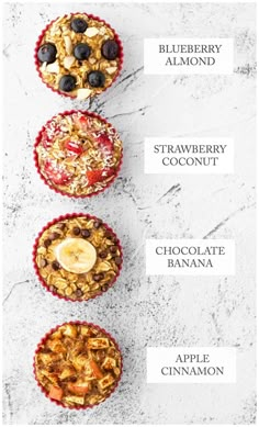 four different types of baked oatmeal cups on a white surface with text overlay