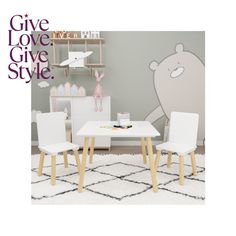 the children's table and chairs are all white with wooden legs, in front of a teddy bear wall decal