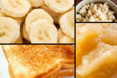 four different pictures with bananas and oatmeal in them