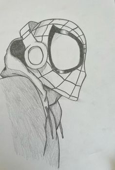 a drawing of a man wearing a spiderman mask with headphones in his ears