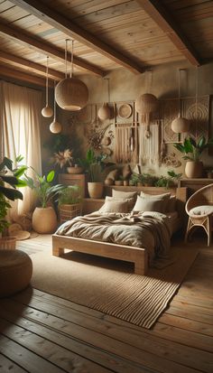 Cozy bedroom with warm, natural feel. Low wooden bed with plush beige bedding, surrounded by indoor plants. Woven wall hangings, wicker headboard, pendant lights. Woven jute rug, comfy wicker chair by window with light curtains. Serene, inviting ambiance.