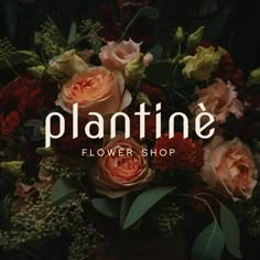 a bouquet of flowers with the words plantine on it in front of a black background