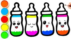 three bottles with faces drawn in different colors