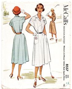 Rare Vintage 50's McCall's sewing pattern with a great envelope illustration. Includes patterns and instructions for a Misses' sports dress. A casual, tailored design yet it allows for comfort and freedom of movement. Concealed front button closing. Misses Size 14; Bust 32; Waist 26.5; Hip 35. Uncut, complete and factory folded. Overall very good, well preserved condition with average age toning. Copyright 1951. Vintage Dresses 50s 1950s Fashion, 1950s Patterns Prints, 1950s Cotton Dress With Vintage Pattern, 50s Walkaway Dress Pattern, Envelope Illustration, 1950s Clothes, Vintage 50s Walkaway Full Skirt Dress Pattern, Sewing Patterns 1950 Voge, 60s Vintage Fashion