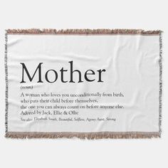 the definition of a mother's love and her poem on a white background throw blanket