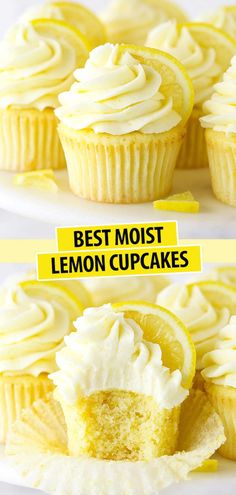 lemon cupcakes with white frosting on top and the words, best moist lemon cupcakes