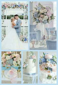 a collage of wedding photos with flowers and blue accents on the top, bottom left