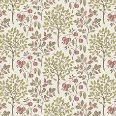 an apple tree wallpaper pattern with leaves and berries on white background in shades of green, pink, red and brown