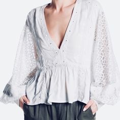 Free People Tops - NWT Free People lace sleeves Top Chic V-neck Lace Top For Daywear, Spring Cotton Lace Top With V-neck, Elegant V-neck Blouse With Broderie Anglaise, Spring V-neck Tops With Broderie Anglaise, Spring V-neck Lace Top Blouse, Chic Long Sleeve Tops With Broderie Anglaise, V-neck Lace Top For Brunch, Long Sleeve Tops With Broderie Anglaise For Spring, Summer V-neck Top With Broderie Anglaise