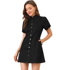 This shirt dress is cut from stretchy denim and meant to be worn for every fun day on your agenda. This sweet a-line dress has a denim construction that shapes the collared and vintage puff sleeves. A set of princess seams frame the full button placket that spans from the bodice to the mini hem. Pair this cutie with your fave plimsolls for the cutest casual style! Denim Dress Fall, Mini Denim Dress, Button Down Denim Dress, Casual Denim Dress, Jean Dresses, Womens Denim Dress, Denim Midi Dress, Denim Corset, Denim Shirt Dress