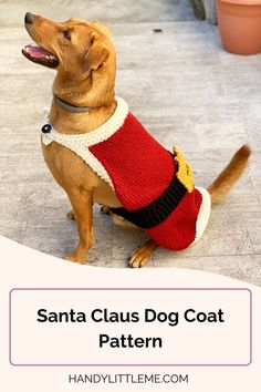 a brown dog wearing a red and black sweater with the words santa claus dog coat pattern on it