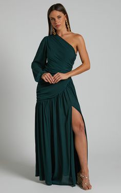 $100 Emerald Green Dress, Ruched Maxi Dress, Emerald Green Dresses, Dress One Shoulder, Mother Of Groom, Groom Dresses, Bishop Sleeve, Ball Gown Dresses