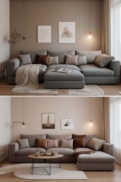 two pictures of a living room with couches