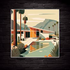 an art print on a brick wall with palm trees in the foreground and a house across from it