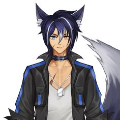 an anime character with blue hair wearing a black jacket and white t - shirt, holding his hands in his pockets