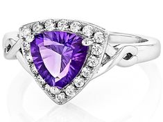 1.21ct Trillion African Amethyst With 0.42ctw Round White Zircon Rhodium Over Sterling Silver Ring. Measures Approximately 0.49"L x 0.48"W. Not sizeable. Accent stones primarily zircon. Gia Certified Purple Jewelry For Anniversary, Gia Certified Purple Jewelry For Anniversaries, Gia Certified Purple Diamond Jewelry, Sterling Silver Ring, Silver Ring, Sterling Silver Rings, Amethyst, Silver Rings, Sterling Silver