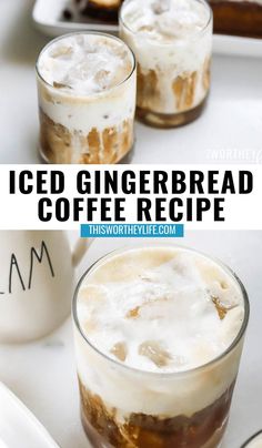 iced gingerbread coffee recipe with whipped cream in the middle and two glasses on the side