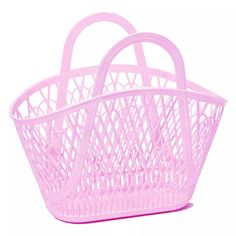 a pink plastic basket with handles on a white background