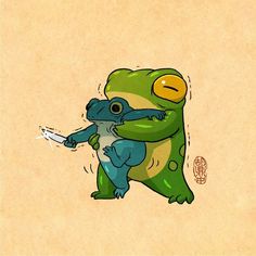 a drawing of a green and yellow frog holding a piece of paper with its mouth open