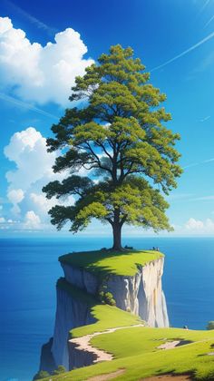 a painting of a tree on top of a cliff overlooking the ocean with blue sky and clouds