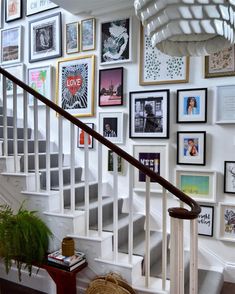 there is a staircase with many pictures on the wall and a potted plant next to it