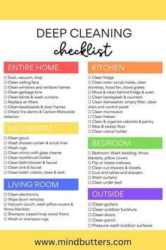 a cleaning checklist with the words deep cleaning checklist written in different colors on it