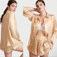 Victoria's Secret Satin Long-Sleeve Short Pajama Set Gold Foil Small New Condition: New In Package Size: Small Color: Gold Foil For A Full Eight Hours (Or More). A Sleep-Ready Pj Set In Luxe Satin, With A Button Front And Notch Collar. Easy Fit Short-Sleeve, Button-Front Top Hits At Hips Chest Pocket Machine Wash Imported Sl057 Summer Sleepover Long Sleeve Sets, Feminine Long Sleeve Bedtime Sets, Feminine Long Sleeve Sleepwear Set, Feminine Long Sleeve Sleep Sets, Long Sleeve Lounging Set, Long Sleeve Lounging Sets For Summer, Feminine Long Sleeve Sets For Daywear, Feminine Long Sleeve Lounging Sets, Elegant Long Sleeve Tops For Lounging