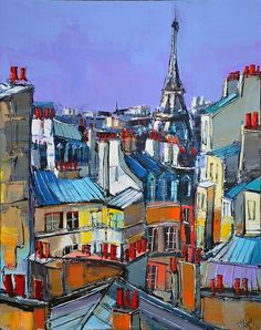 an oil painting of the roofs of buildings in paris