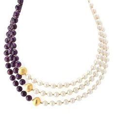 Quality smooth round Amethyst beads and white Swarovski pearls make up this multi-strand necklace with gold toned spacers and clasp. Amethyst Jewelry Necklace, Bijoux Art Nouveau, Diy Collier, Jewelry Design Inspiration, Amethyst Jewelry, Bead Jewellery, Jewelry Patterns, Jewelry Creation, Strand Necklace