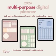 three tablet computers sitting next to each other on top of a white background with the text, multi - purpose digital planner daily planner