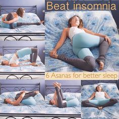 a woman laying on her stomach in bed with the caption, 6 asanas for better sleep