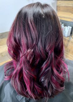 Black Hair Magenta Highlights, Chunky Magenta Highlights, Black Hair With Magenta Highlights, Magenta Peekaboo Highlights, Magenta Highlights In Brown Hair, Magenta Hair Highlights, Magenta Highlights On Dark Hair, Magenta Balayage