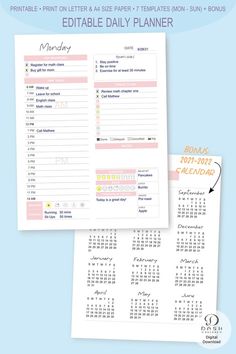 the editable daily planner is shown in pink and yellow