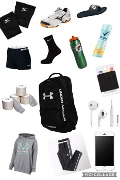 an assortment of sports items including socks, water bottle and cell phone