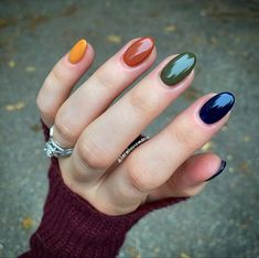 Fall Nails Mixed Colors, Rainbow Fall Nails, Revel Fall Nails, Fall Nails Mix And Match, Blue Green Dip Nails, Fall Color Block Nails, Teal And Rust Nails, Fall Nails Colorful, Orange Yellow Blue Nails