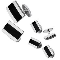 These semi-precious stone cuff links with matching studs are a bold way to complete any black tie tuxedo. Luxury White Cufflinks For Formal Occasions, Luxury Rectangular Cufflinks For Formal Occasions, Black Luxury Cufflinks For Formal Occasions, Modern Rectangular Cufflinks With Polished Finish, Luxury Classic Rectangular Cufflinks, Luxury Elegant Rectangular Cufflinks, Luxury Black Formal Cufflinks, Elegant Black Cufflinks, Black Tie Tuxedo