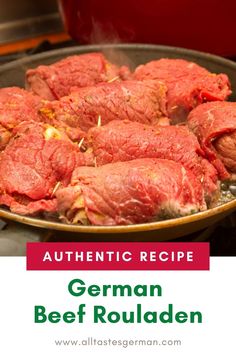 Beef Rouladen in a pan made from an authentic German recipe Beef Rouladen Recipe, German Recipes Dinner, Rouladen Recipe, Beef Rouladen, Best German Food, Schnitzel Recipes