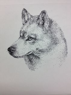 a black and white drawing of a dog's head with dots in the background