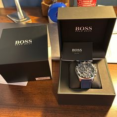 This Watch Is Brand New, Worn Maybe Twice. It Can Be Worn Both Down And Up For Any Occasion. Elegant Blue Chronograph Watch With Analog Display, Elegant Blue Chronograph Watch With Skeleton Dial, Timeless Blue Chronograph Watch As Gift, Blue Watch With Tachymeter As Gift, Spirit Quartz, Hugo Boss Man, Black Case, White Dial, Black Watch