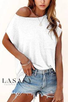 Lasaky - Casual Open-Shoulder Short-Sleeve T-Shirt with Convenient Pocket Oversized Off-shoulder Summer Tops, Oversized Off-shoulder Tops For Summer, Oversized Off-shoulder Cotton Top, Cotton Off-shoulder Tops With Relaxed Fit, White Oversized Sleeveless Top, Oversized White Sleeveless Top, Relaxed Fit Off-shoulder Cotton Tops, Cotton Off-shoulder Top With Relaxed Fit, White Tshirt Women