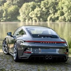 the rear end of a grey sports car parked in front of a lake