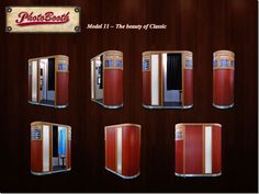 a set of six red and white machines on a wooden background with the words retro booth model 1 - the history of classic