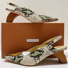 Sold Out Sculptural Wood And Python Snake Print Leather Slingback 60mm Dylan Heels From Rejina Pyo. Made In Italy. Size 41 Or 11. Yellow Slingback Heels With Heel Strap, Yellow Leather Slingback Pumps With Pointed Toe, Yellow Leather Slingback Pumps With Heel Strap, Yellow High Heel Leather Slingback Pumps, Yellow Leather Slingback Heels, Yellow Leather Slingback Pumps For Evening, Yellow Slingback Heels, Snake Print Shoes, Python Snake