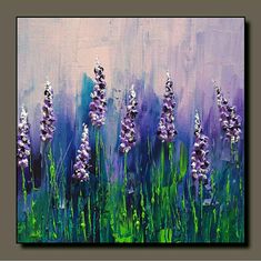 a painting of purple flowers in the grass